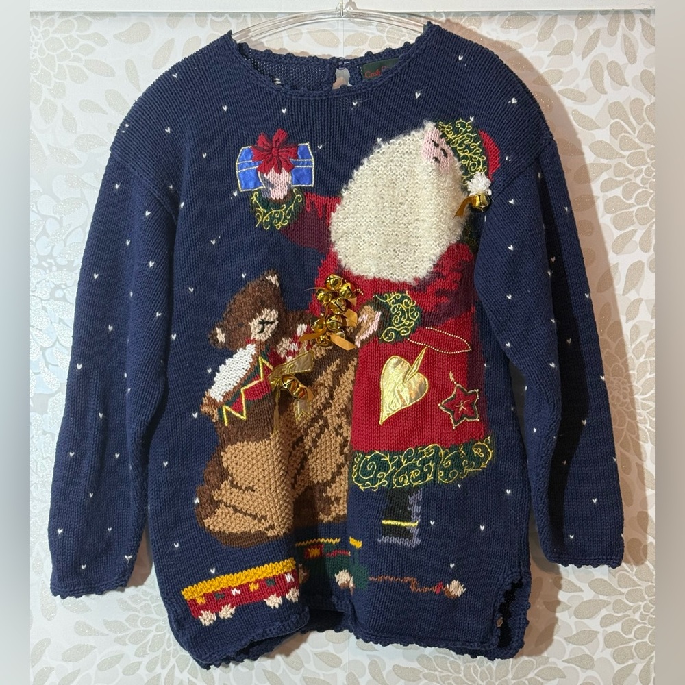 Vintage Croft & Barrow Women’s M Navy Christmas Santa Teddy Bear Bells Sweater